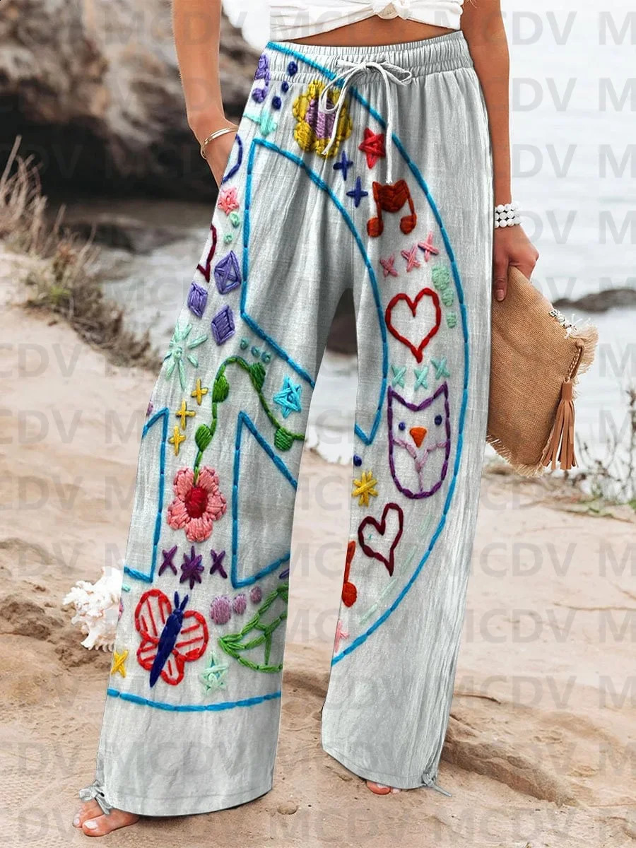 Womens Vintage Fish Sardines Art Print Linen Casual Pants 240813