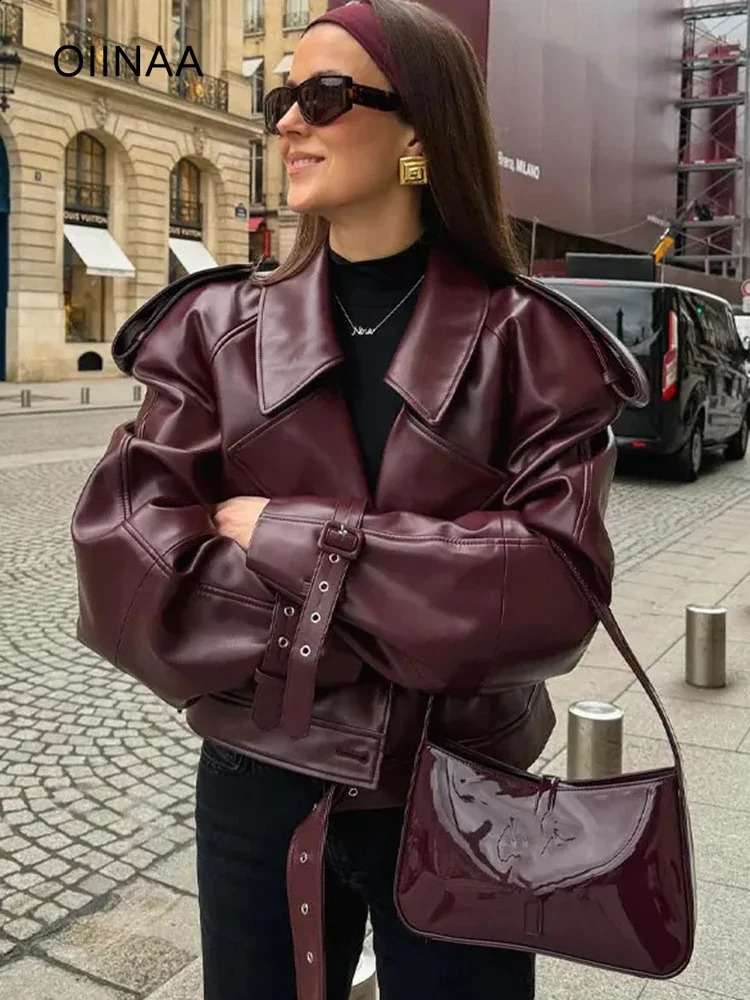 OIINAA Faux Leather Jackets for Women Coats PU Moto Biker Long Sleeve Turn-down Collar Vintage Outerwears Fashion Jackets 240813