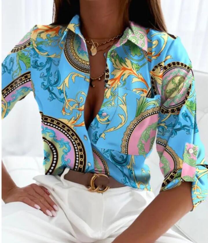 Designer Baroque Printed women Shirt Elegant Office Ladies Blouse Clothes Fashion Lapel Long Sleeve Buttons Tops
