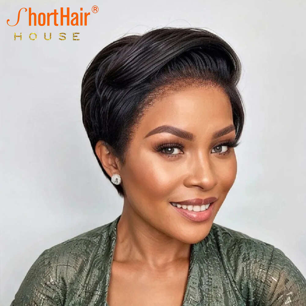 Kinky Edges Pixie Cut Wigs Human Straight Bob Curly Baby Hair 13X4 Transparent Lace Front Wig For Black Women