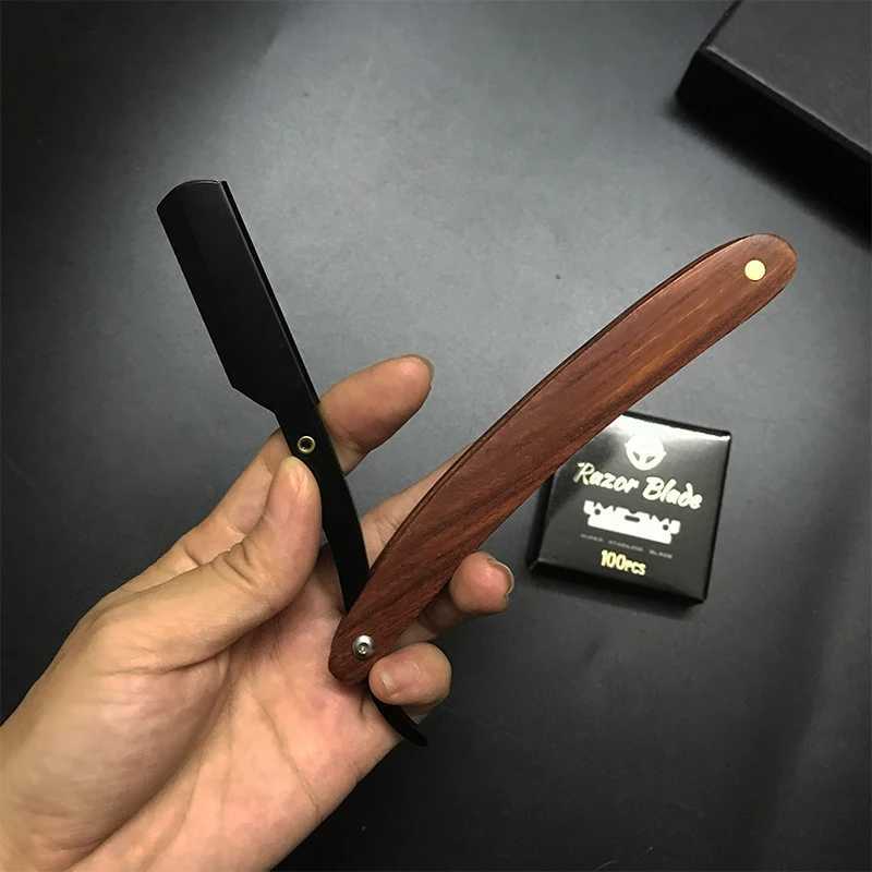 Men Professional Barber Razor Manual Shaver Wood Straight Edge Stainless Steel Shaver Folding Shaving Shave Beard CutterM240814