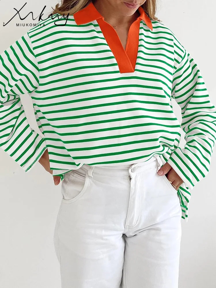 Autumn oversized polo striped womens sportswear casual loose long sleeved T-shirt striped floral womens bag style sportswear 240827