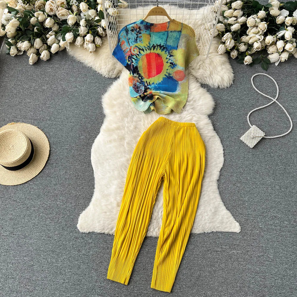Runway Pleated Two Piece Set Summer Fashion Turtleneck Vintage Print Stretchy Casual Top and Pencil Pants Suit Women Clothes 240813