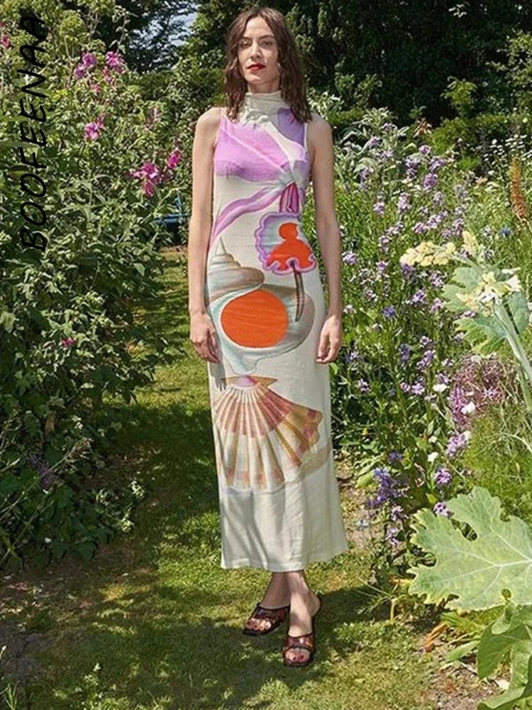 BOOFEENAA Abstract Printed Sleeveless Long Dresses for Women Clothes High Fashion Party Dress Elegant Resort Wear C85-CZ31 240814
