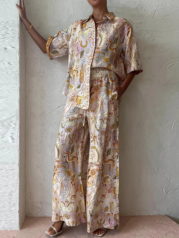 Half Sleeve Single-Breasted Printing Matching Sets Women Spring Summer Loungewear Two Pieces Outfit Streetwear Drop 240813
