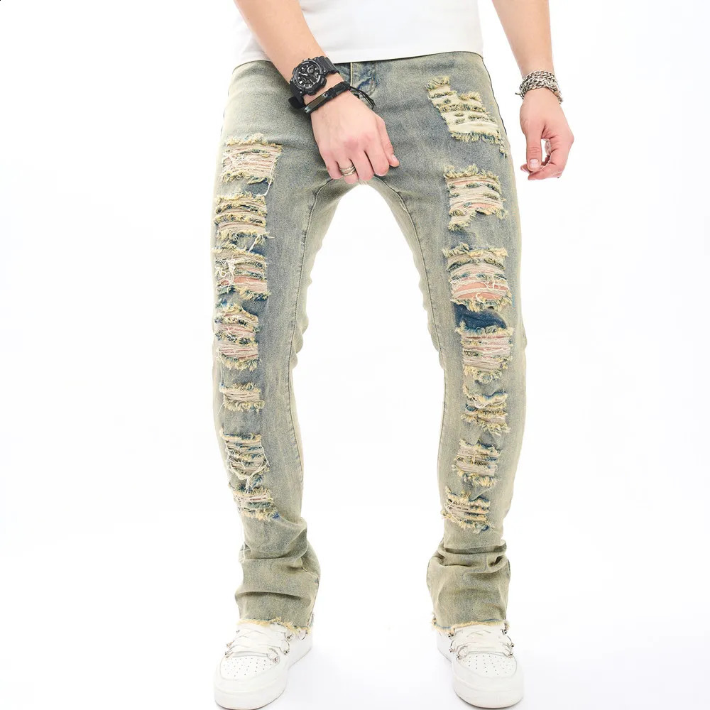 Fashion Vintage Holes Men Hip Hop Slim Jeans Pants Male Streetwear Ripped Solid Casual Jogging Denim Trousers 240814