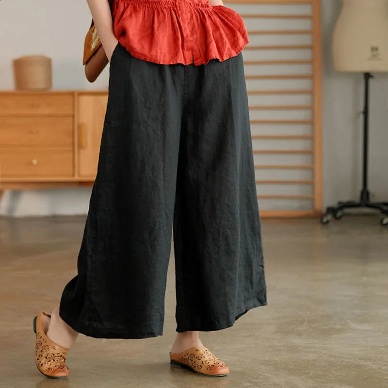 Casual Simplicity Summer Solid Color Wide Leg Pants Stylish Womens Clothing Elastic Waist Pockets Loose Vintage Cropped Pants 240813