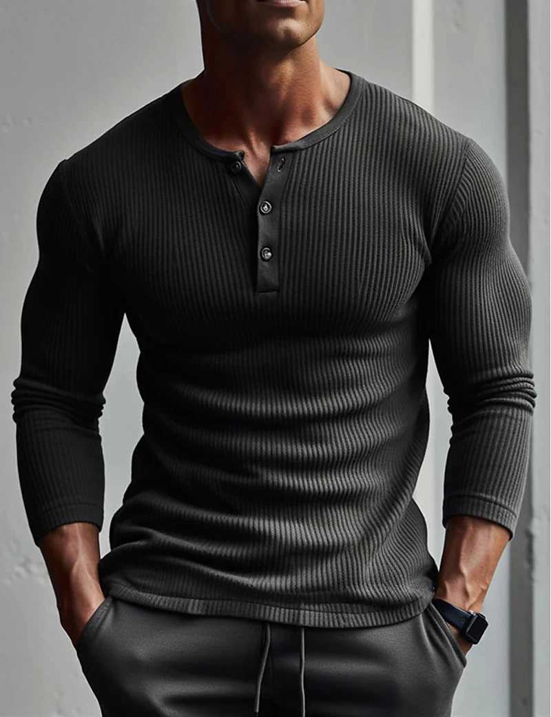 2024 New Long Sleeve polyester T-shirt Mens Breathable Thin Fabric Casual T-shirt Spring autum Henry-Neck Basic Tee Tops ManM240814