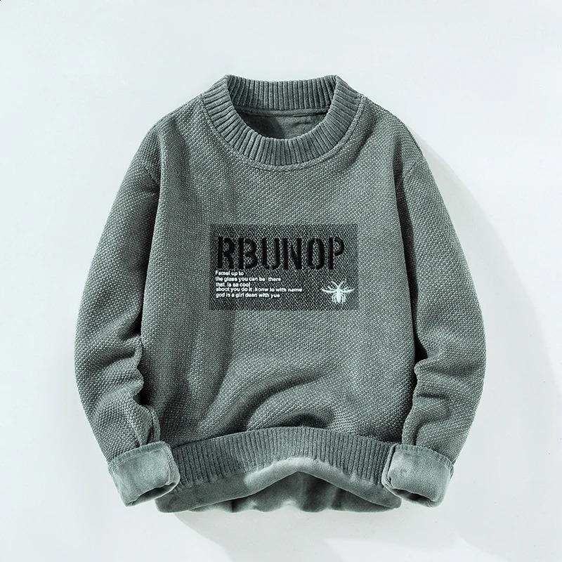 Mens Round Neck Solid Color Thick Sweater Autumn and Winter Fashion Handsome Printed Letter Long Sleeved Loose Knitted Tops 240821