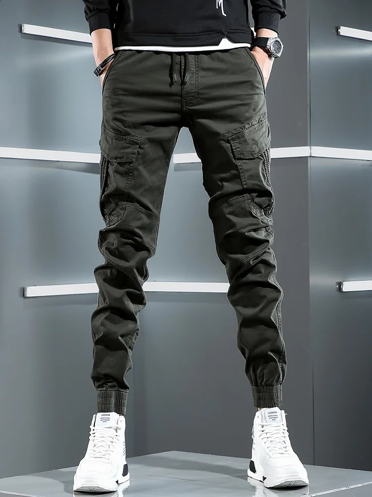 Tactical Army Green Cargo Pants Men Streetwear Hip Hop Mens Casual Cotton Stretch Drawstring Joggers Trousers 240812