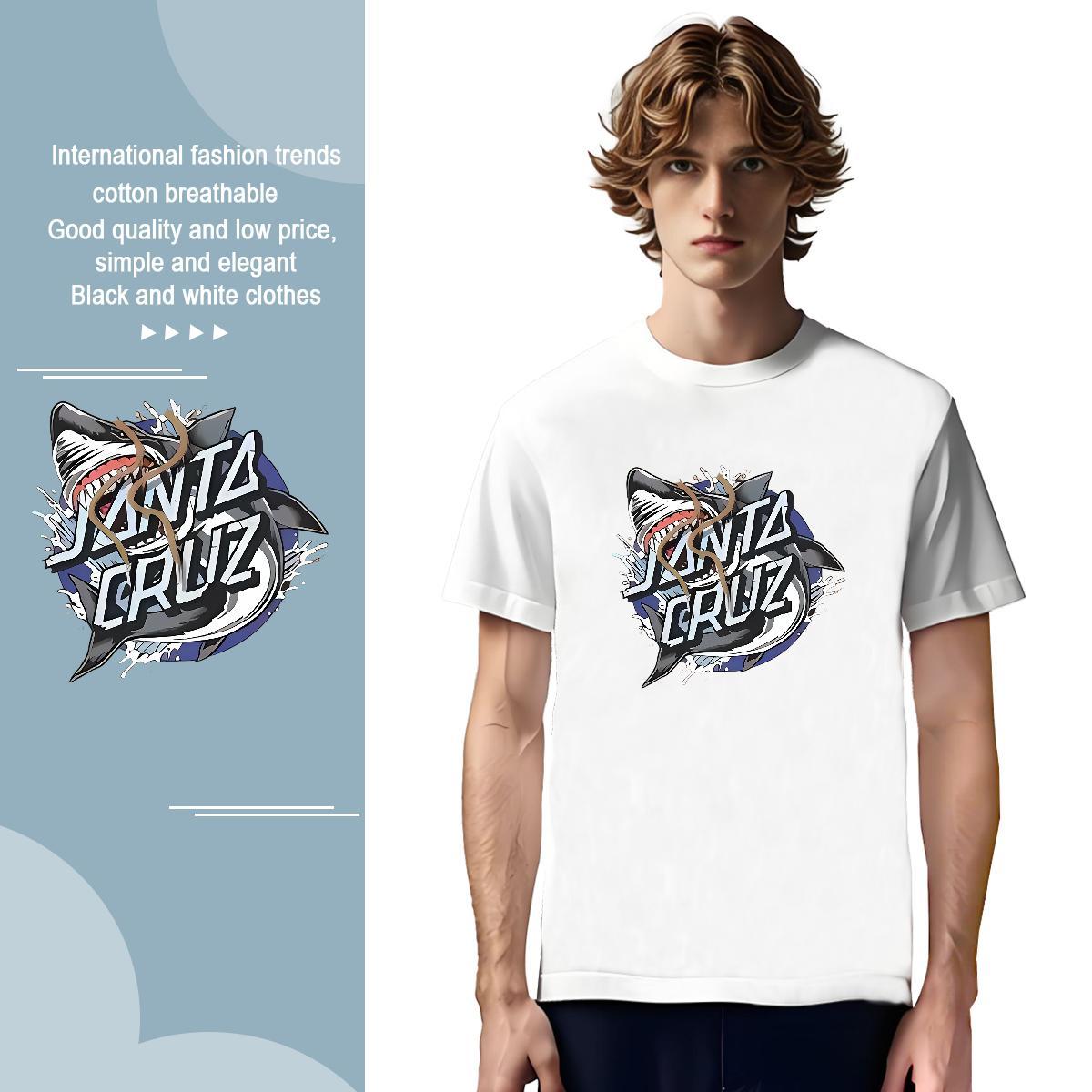 Classic T Shirts Men shark Breathable Crew Neck Sport Oversized 230g Pure Cotton Men Tshirts 2024 New Tees