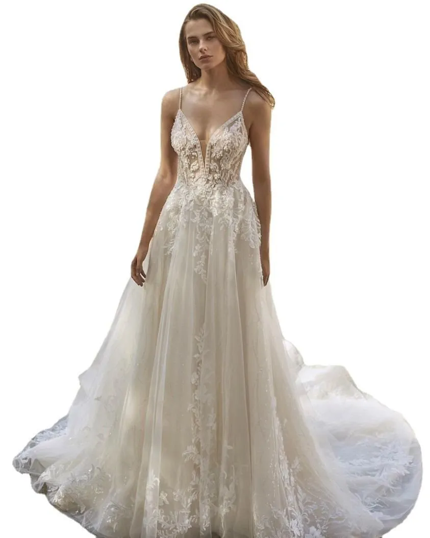 Romantic Lace Tulle Wedding Dresses Sexy Backless A Line Spaghetti Straps Appliques Ruffles Long Bridal Gowns