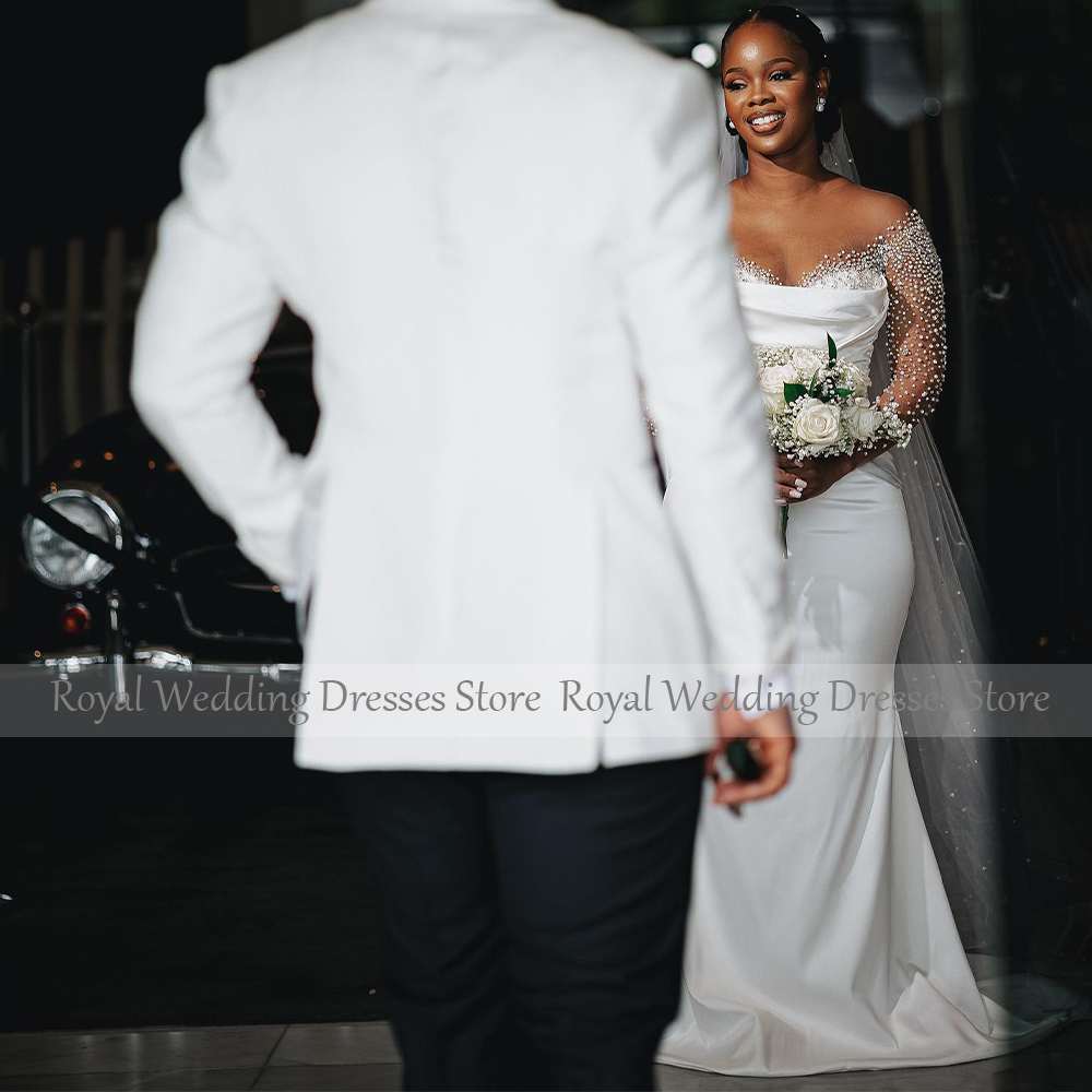 African Luxury Wedding Dress Pearls Long Sleeves White Satin Wedding Gowns for Women 2024 Bride Mermaid Trumpet Bridal Dresses