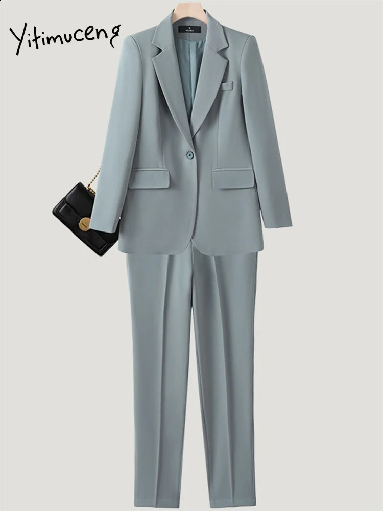 Yitimuceng Women Office Ladies Pants Suits Office Ladies Solid Single Breasted Slim Blazer High Waisted Suits Pants 2 Piece Set 240813