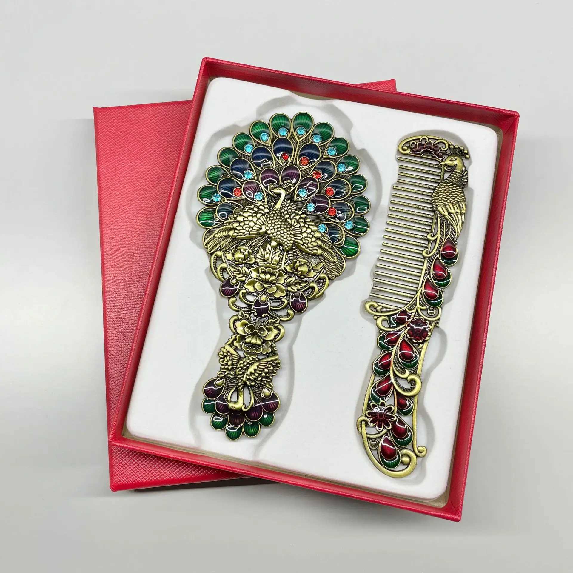 Antique bronze embossed oval peacock makeup mirror handheld comb set Russian style portable brightly colored durable W240813