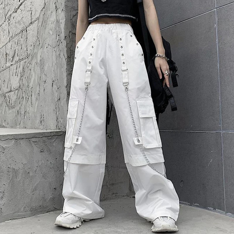 Women Trendy Vintage Casual Streetwear Pocket Cargo Pants Y2K Female High Waist White Hip Hop Loose Trousers Straight Pantalones 240814