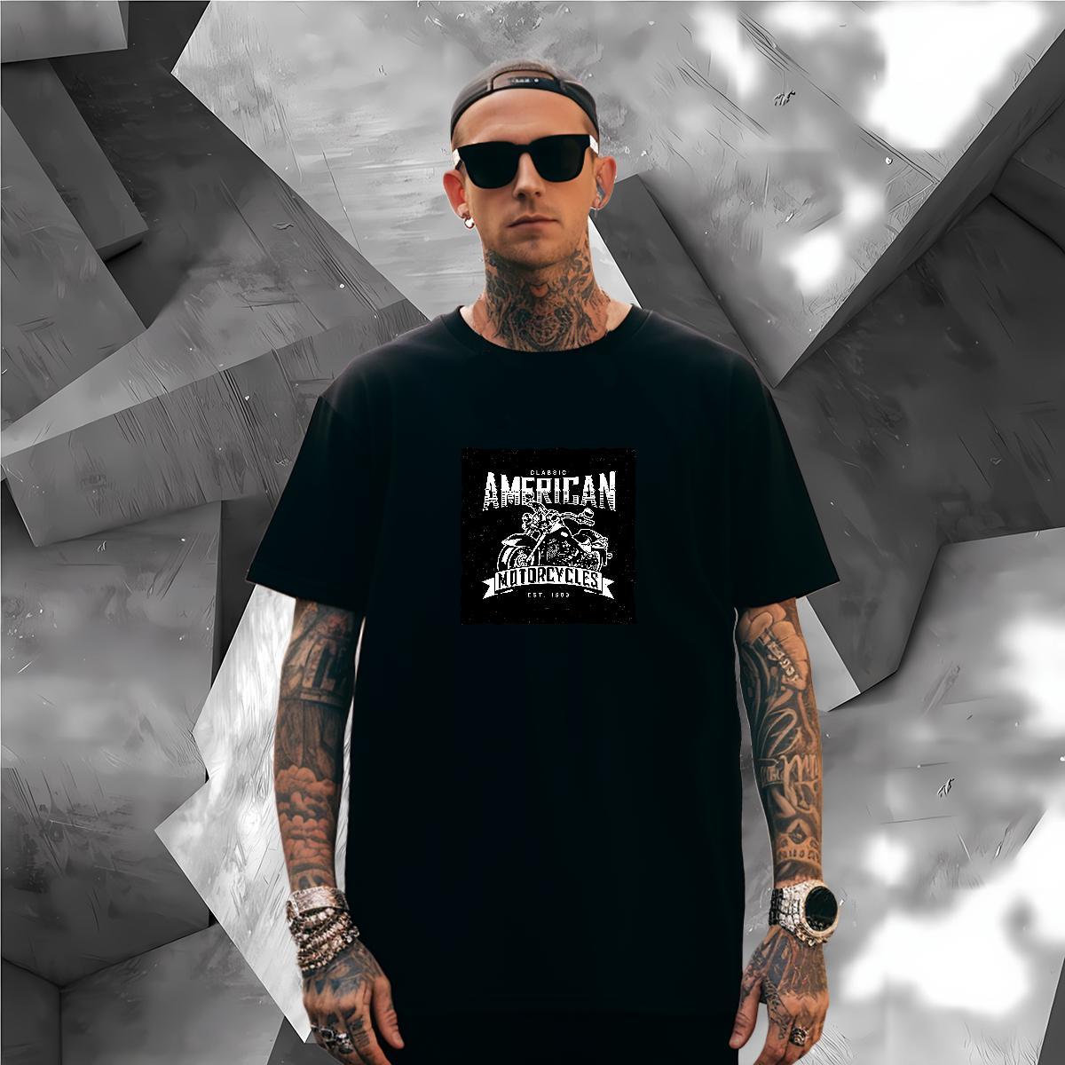 Loose Fit Motorcycle T shirt Hip Hop Men Tees 230g Cotton 2024 Breathable Short Sleeve Floral Print Polos