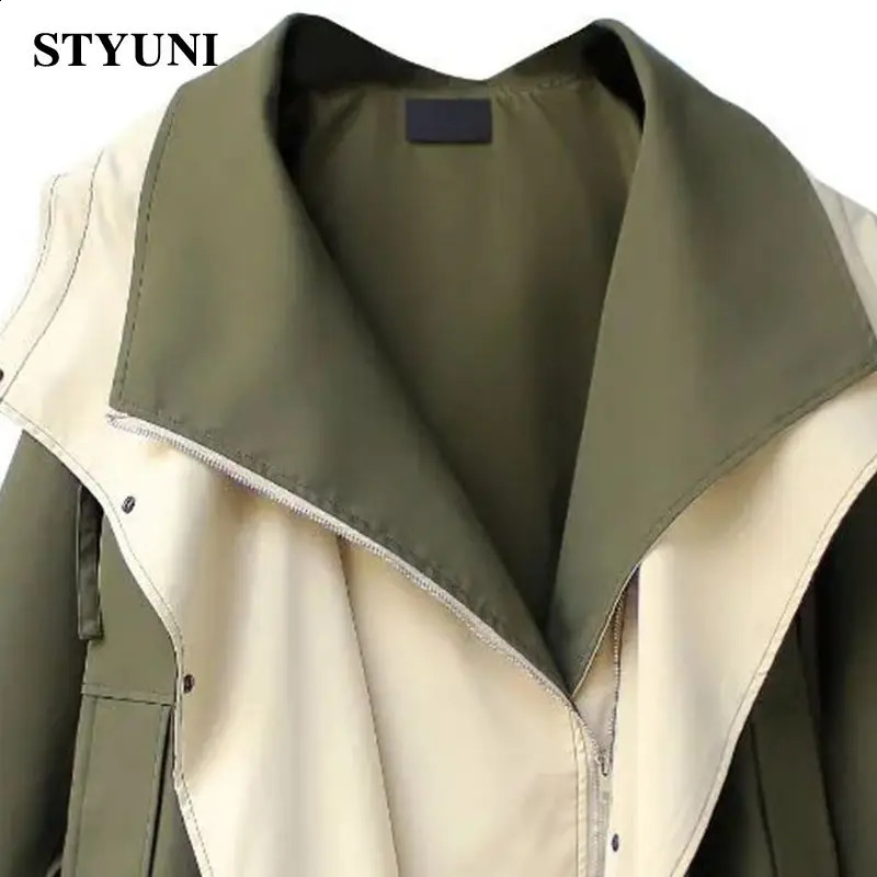 Green Color Block Asymmetric Long Sleeve Cotton Outercoat Womens Jacket Trench Coat Korean Fashion Jackets For Women Winter 240813