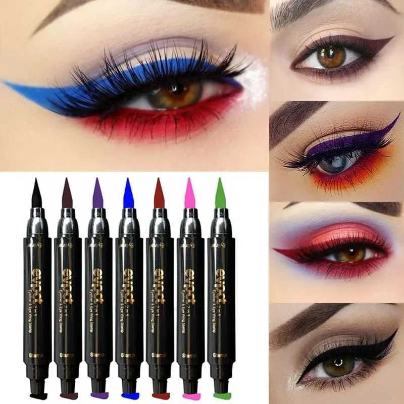 2 In1 Liquid Glitter Eyeliner Stamp Thin Seal Makeup Black Red Green Fast Dry Eye Liner Pencil 7 Color Blue Brown Smoky Eyes Y240813