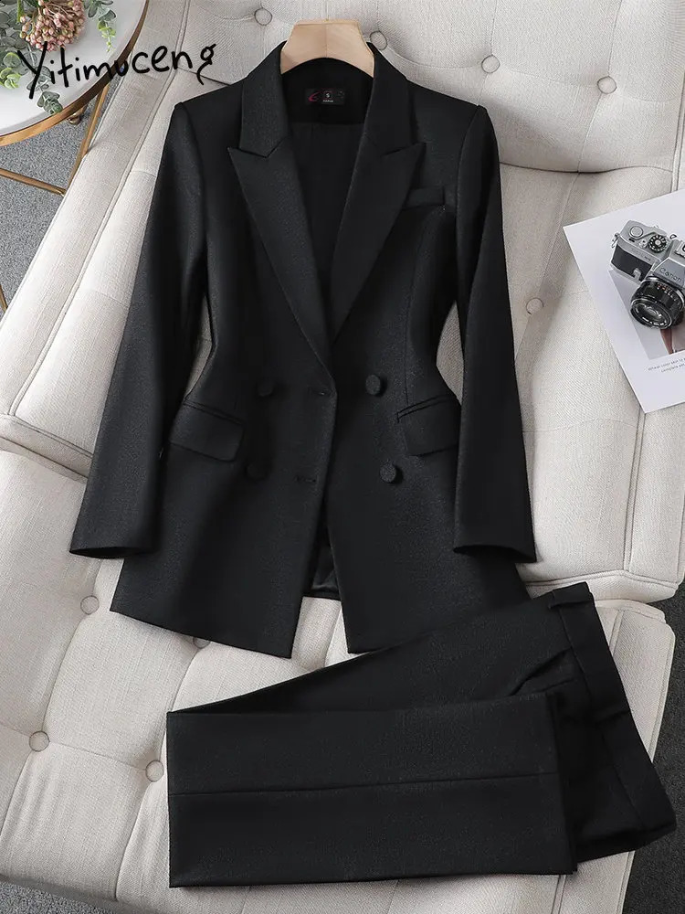 Yitimuceng Formal Blazer Suit for Women Double Breasted Notched Office Wear Women High Waisted Skirts Slim Pants 2 Piece Sets 240813