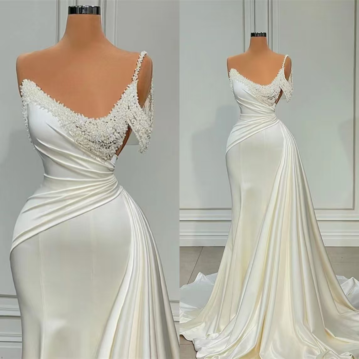 Mermaid Stain Wedding Dresses One Shoulder Sleeveless Pearls Tiered Skirts With Detachable Ruched Bridal Gowns Vestido Novia Custom made