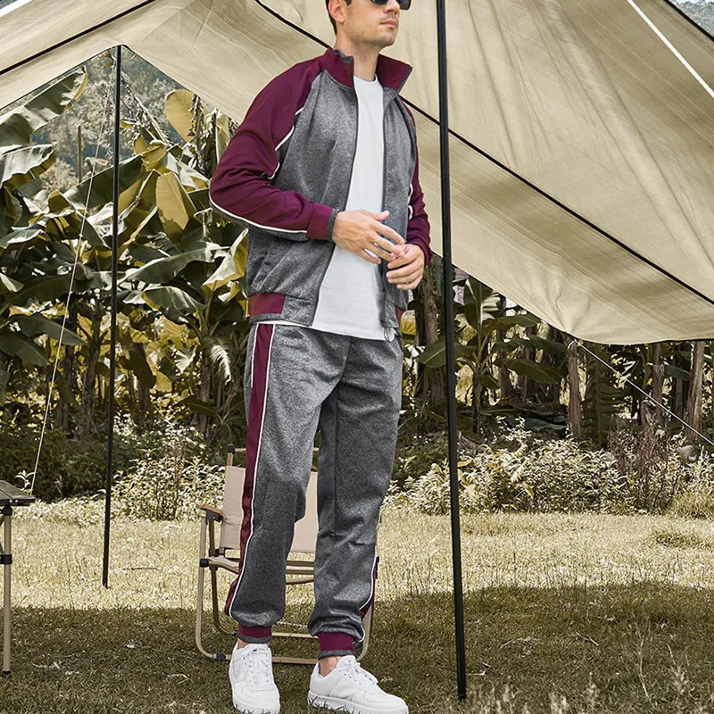 Spring Autumn Male Loose Casual Spliced Zipper Sweatshirt Elastic Waist Sweatpants Two Pieces Set Men Cardigan Top Fashion Pants 240813