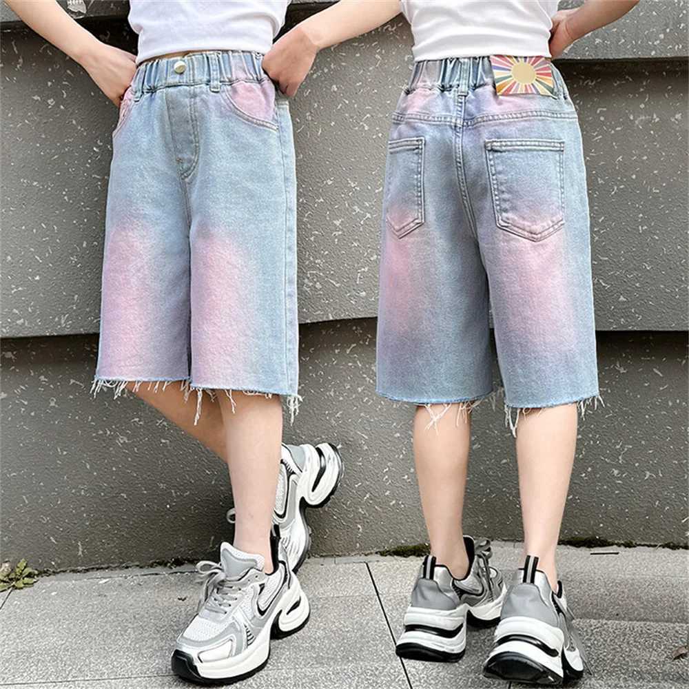 2405 Girls Jeans Printed Youth Denim Shorts Jeans Fashion Childrens Summer High Quality Powder Blue Original Edge Jeans W240813