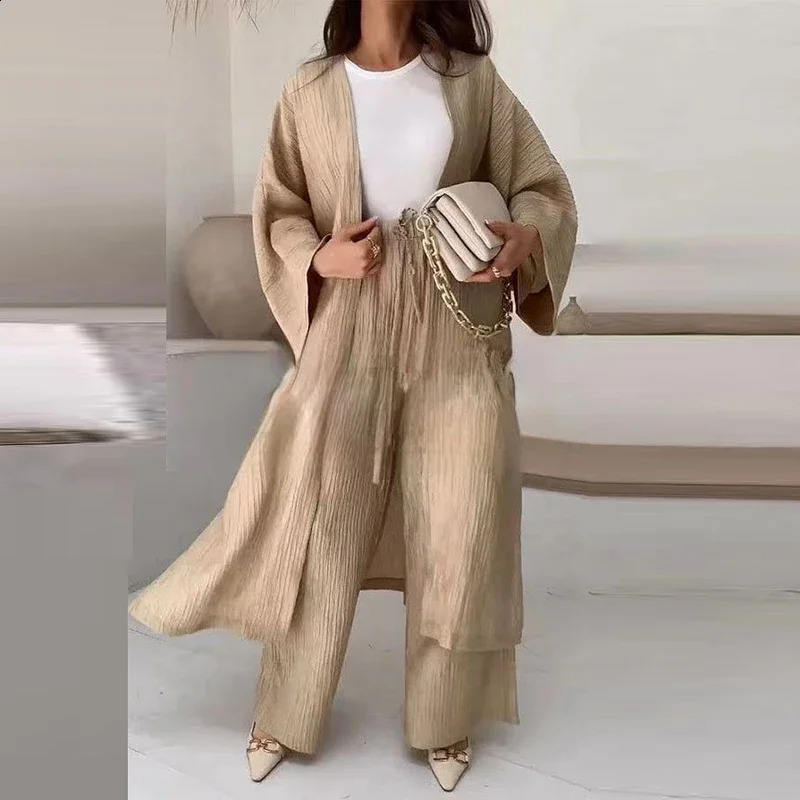 Elegant Female Loose Solid Color Outfits Womens Autumn Suits Lady Pleated Texture TopStraight Casual Pants Two-Piece Sets 240813