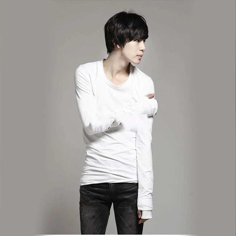 Spring Korean version of the new fashion mens clothing even gloves round neck long-sleeved T-shirt thick large size bottoming sM240814