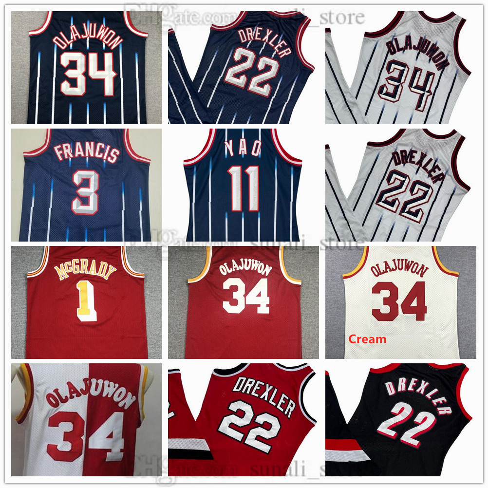 Retro Mesh Basketball Jerseys Clyde 22 Drexler Hakeem 34 Olajuwon Tracy 1 McGrady Yao 11 Ming Steve 3 Francis Vintage Navy Stripe Red White Embroidery Stitched Men