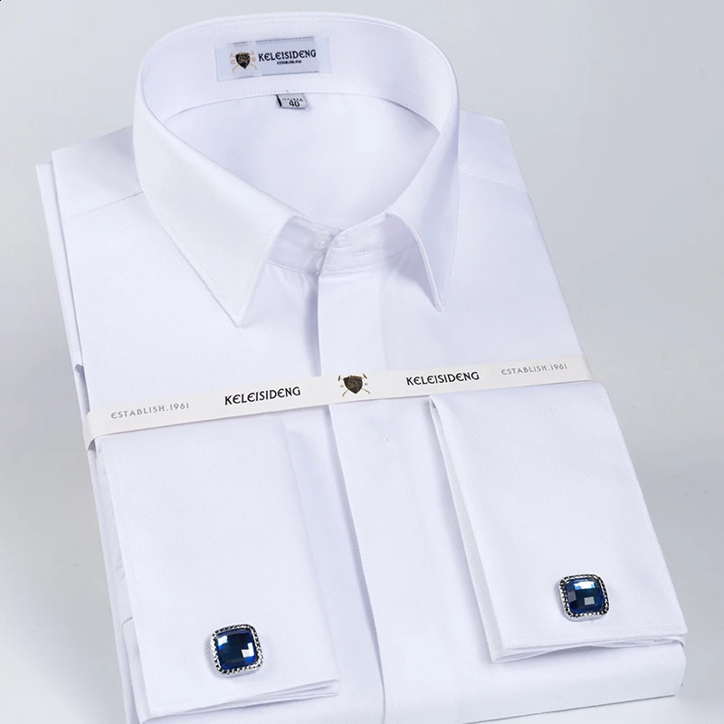 Mens Classic French Cuff Hidden Button Dress Shirt Long-sleeve Formal Business Standard-fit White Shirts Cufflinks Included 240814