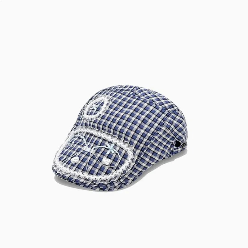 Japanese Sweet Y2k Bow Plaid Forward Hat Women Spring and Summer Casual Versatile Lace Pearl Literary Sunshade Painter Cap 240805