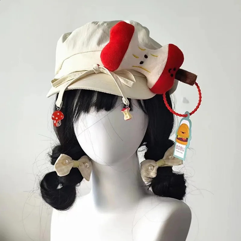 Japanese Kawaii Apple Decoration Beret Hat for Women Sweet Cute Y2k Lolita JK Girls Student Vintage Artist Painter Beige Bow Cap 240805
