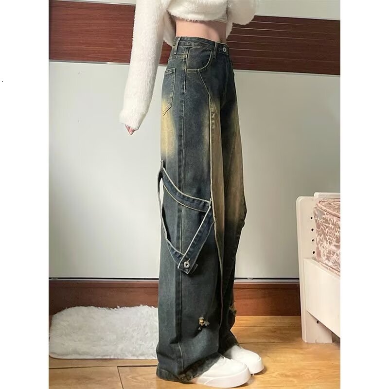 Washed distressed jeans, trendy hip-hop men's niche design, straight leg pants, American high street style