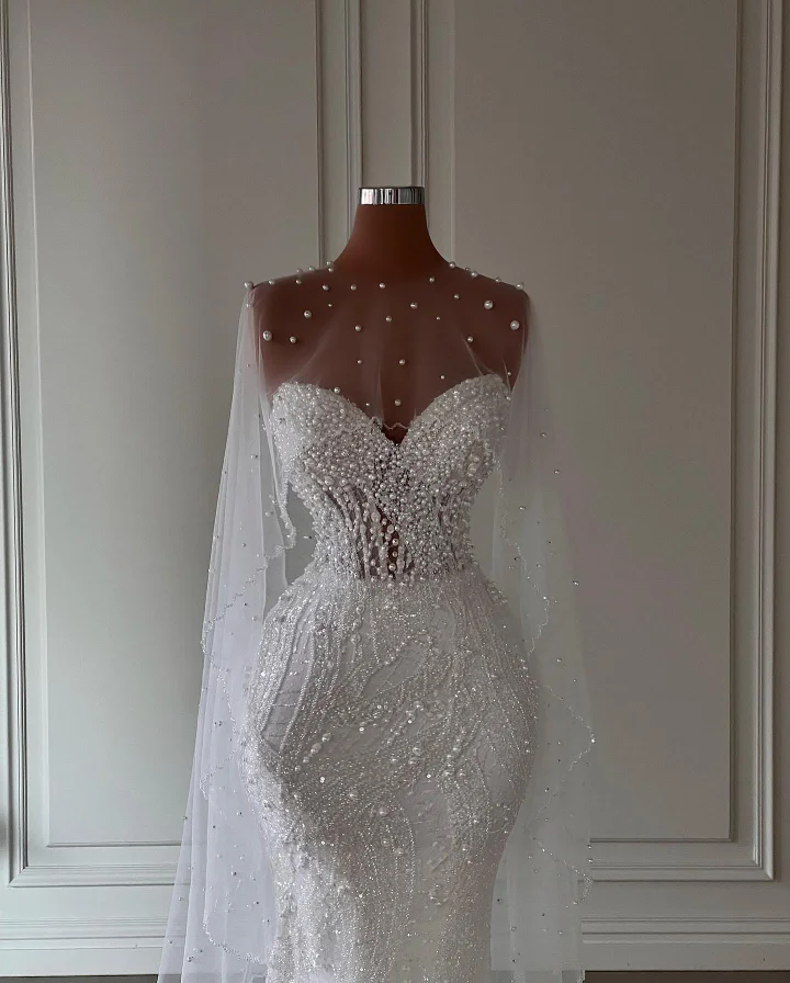 Modern Mermaid Beach Wedding Dresses with Wrap Strapless Lace Sequins Pearls Floor Length Open Back Trumpet Bridal Gown vestidos novia baratos