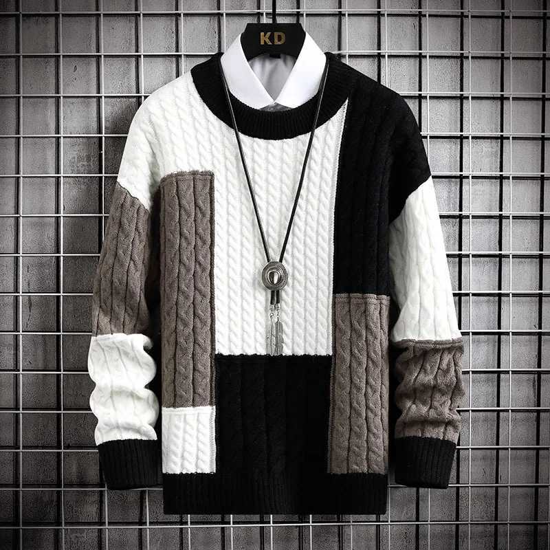 Harajuku mens fashionable knitted hip-hop streetwear color matching pull-out oversized casual O-neck mens retro sweaterW240729