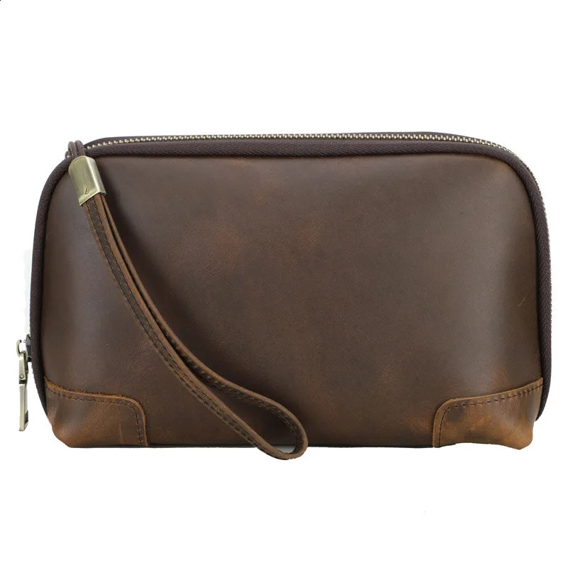 Retro mens leather clutch bag brown cowhide leather storage bag travel toilet kit washing bag mens leather handbag 240812