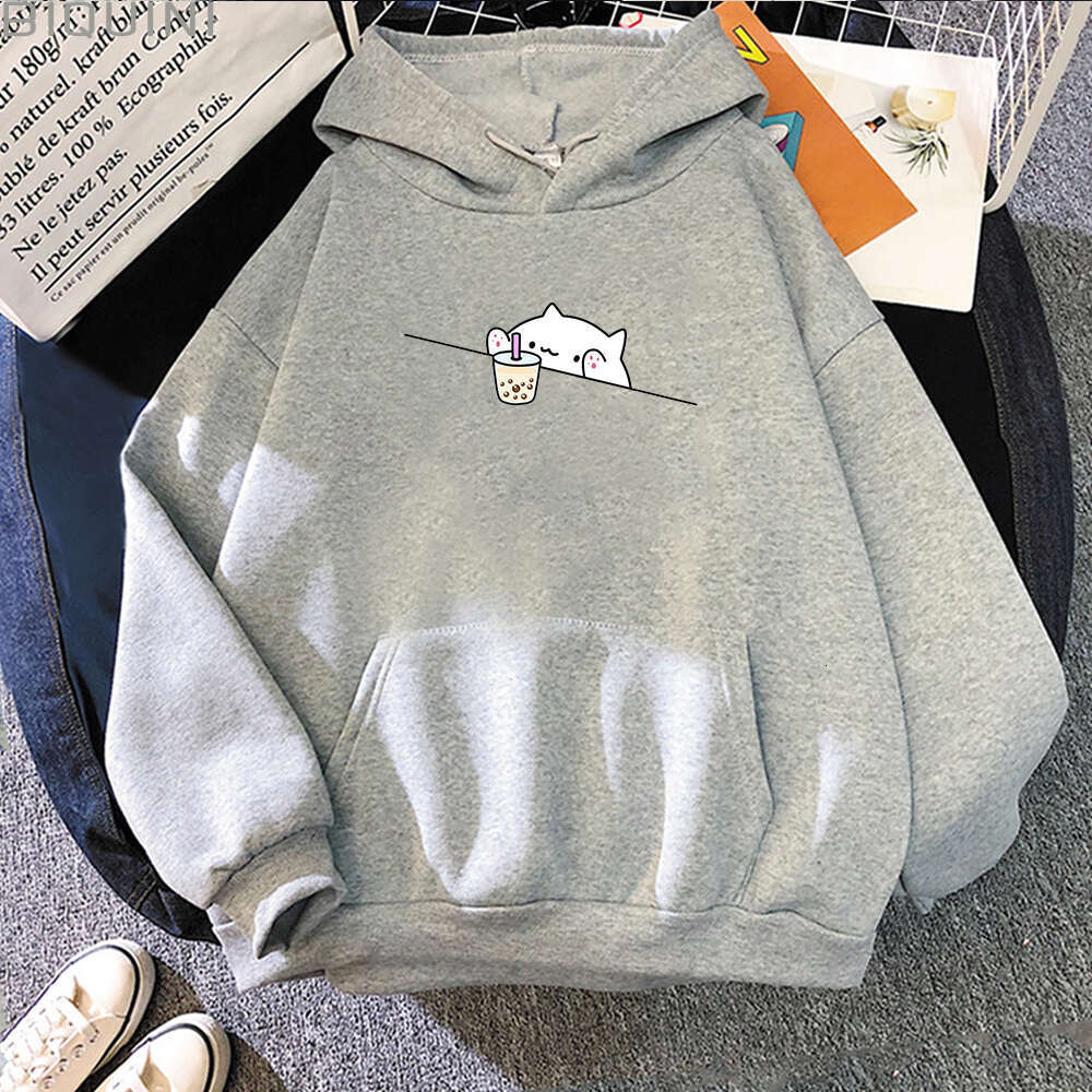 Tea Bubble Graphic Printed Casual Pullover Cartoon Female Hooded Clothes Plus Size Hoodie Kawaii Cat And Boba Women Sweatshirts