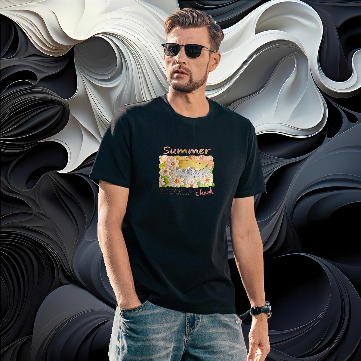 Cool flower Man T Shirts Summer Casual Men Clothes T-Shirt 230g Cotton Wholesale Crew Neck Breathable DIY Anime Tees Shirts