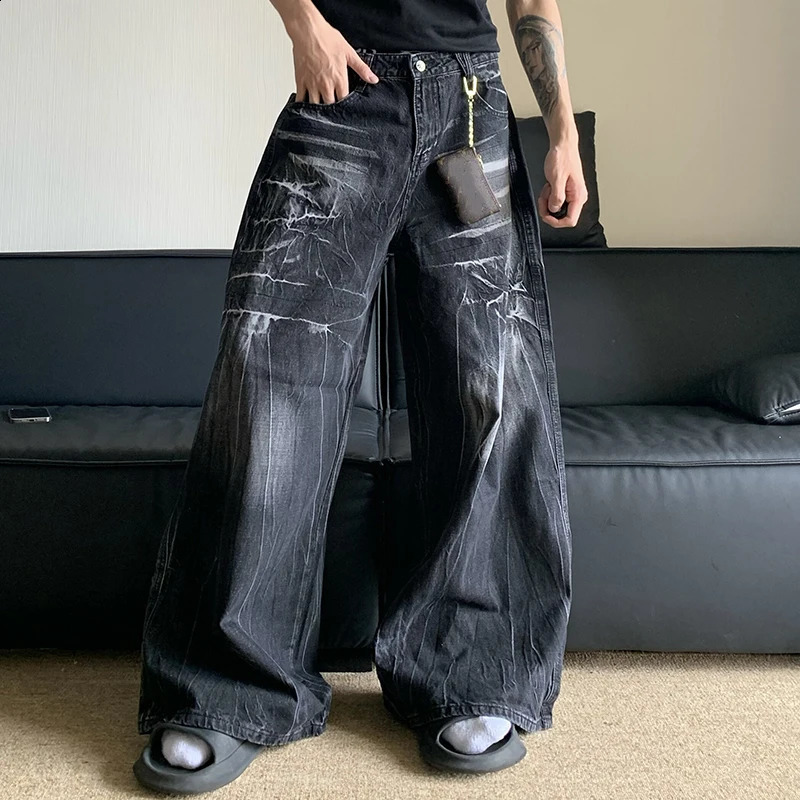 FEWQ American Cleanfit Washed Old Lightning Pattern Vibe Loose Wide Leg Pants Jeans Male Trousers Fashion 24E1568 240821