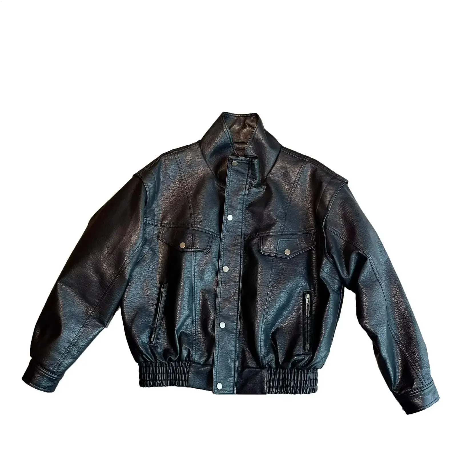 Trendy Black Motorcycle Jacket For Men Casual Stand Collar Leather Biker Riding Gear Lightweight Loose Fit Cropped Jacket o240814