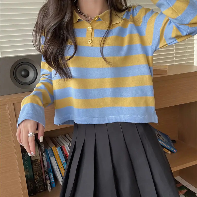 Striped Womens Knitted Polo T-shirt Long Sleeve Young Elegant Style High Quality Fashion Knitted Top Classic Blue 240827