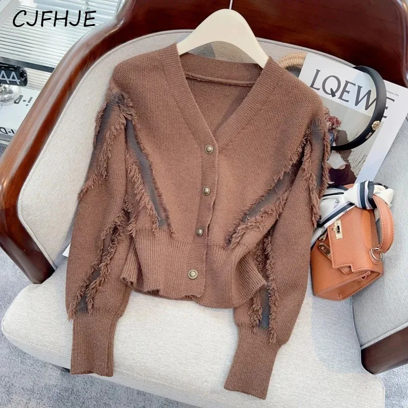 CJFHJE V-Neck Metal Button Knitted Women Fashion Tassel Bottom Cardigan Sweater Coat Casual Solid Color Womens Sweater 240813