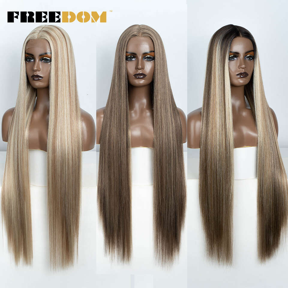 FREEDOM Straight Synthetic Front For Women 38 Inch Long Ombre Brown Red Blonde Hightlight Lace Frontal Wigs Cosplay Wig
