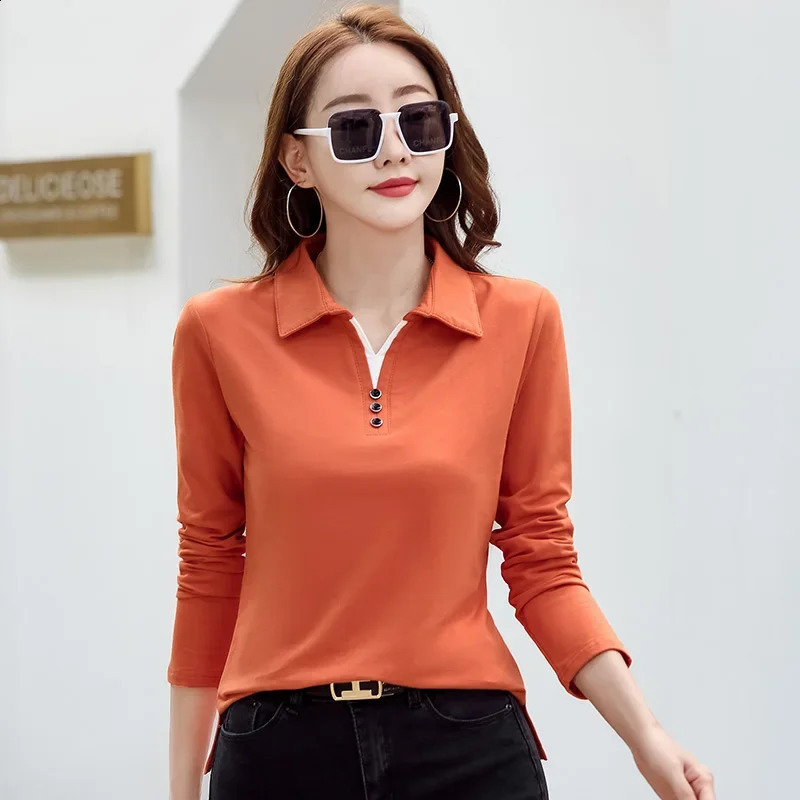 Korean Fashion Autumn Womens Polo Shirt Cotton Long Sleeve T-shirt with Button Solid Candy Color Knitted High Quality Womens Polo 240827