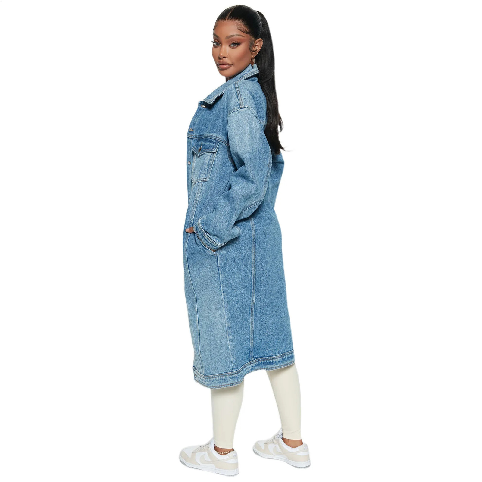 Fashion Extra Long Autumn Winter Sky Blue Denim Jackets for Women Trench Coat Fall Loose Cardigan Jeans Cape Veste Femme 240813