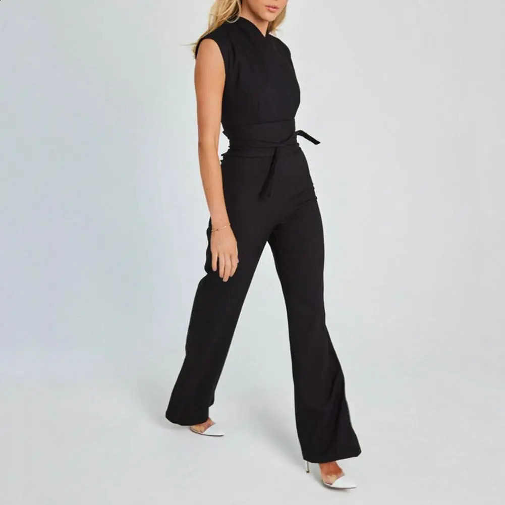 Summer Jumpsuit High Waist Belt Straight Wide Leg Solid Color Office Lady Long Romper Workwear 240813