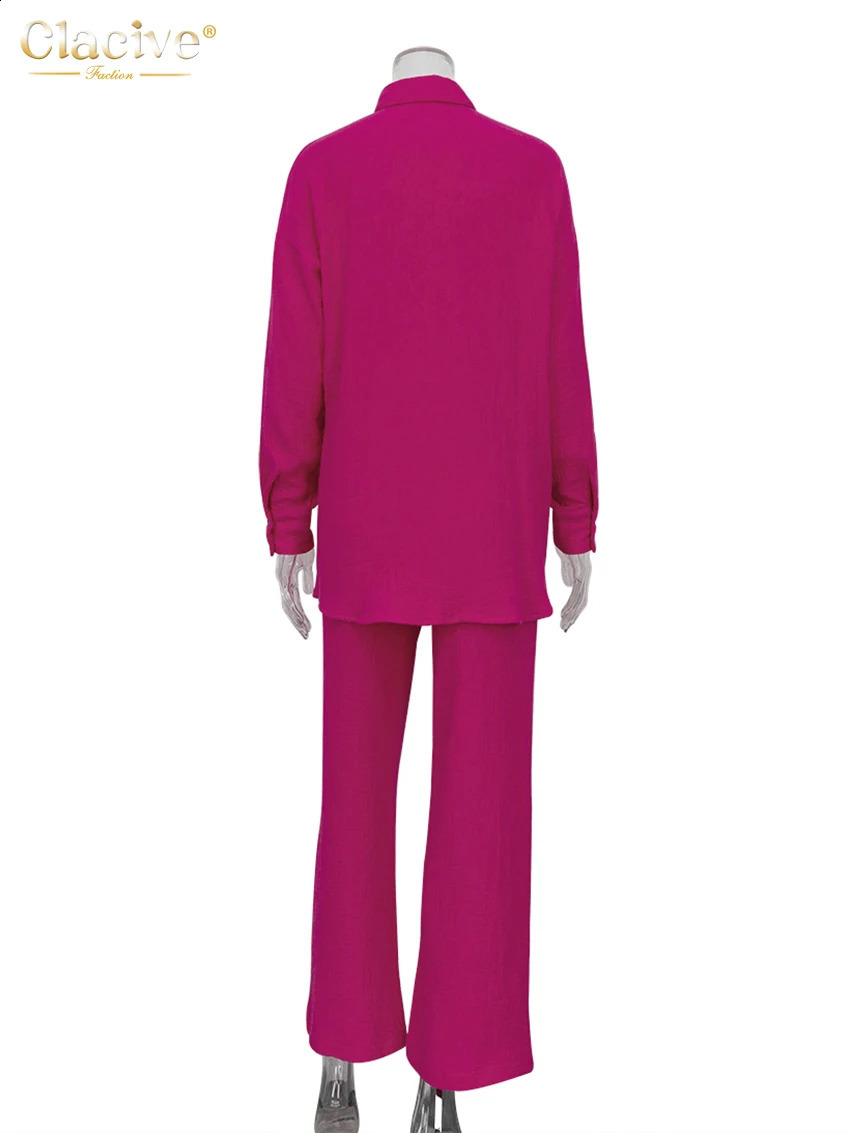 Clacive Casual Loose Pink Two Piece Pants Set Women Fashion Long Sleeve Blouses Matching Wide Trousers Suit Lace-Up Pant Sets 240813