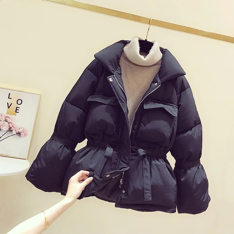 Fashion Women Jacket Baggy Bread Suit Winter Coats Down Cotton Waterproof Windproof Bandage Outdoor Sporting Short Parkas 240813