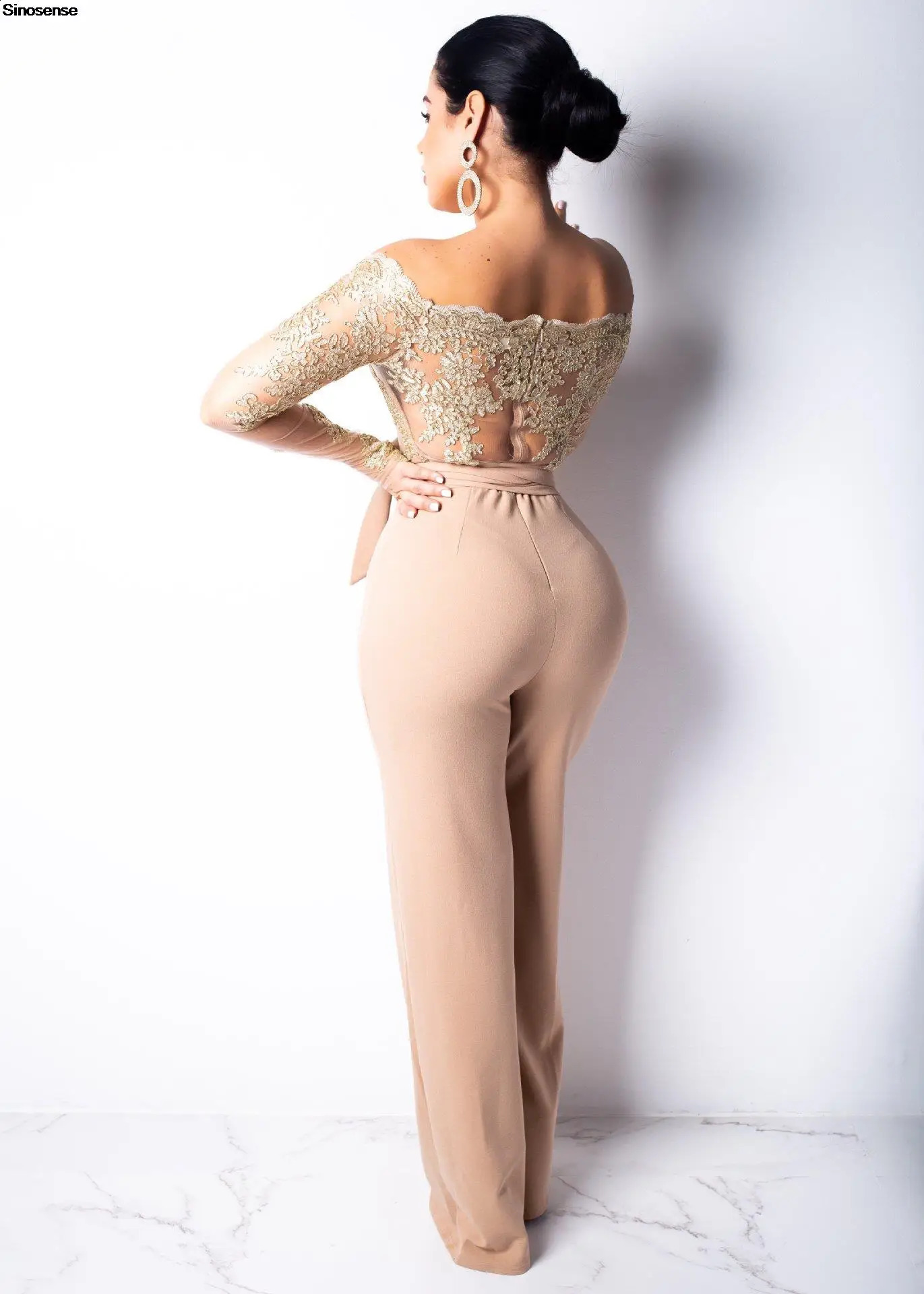 Womens Elegant Off Shoulder Long Pants Wide Leg Jumpsuits Floral Embroidery Lace See Through Cocktail Club Party Evening Rompers 240813